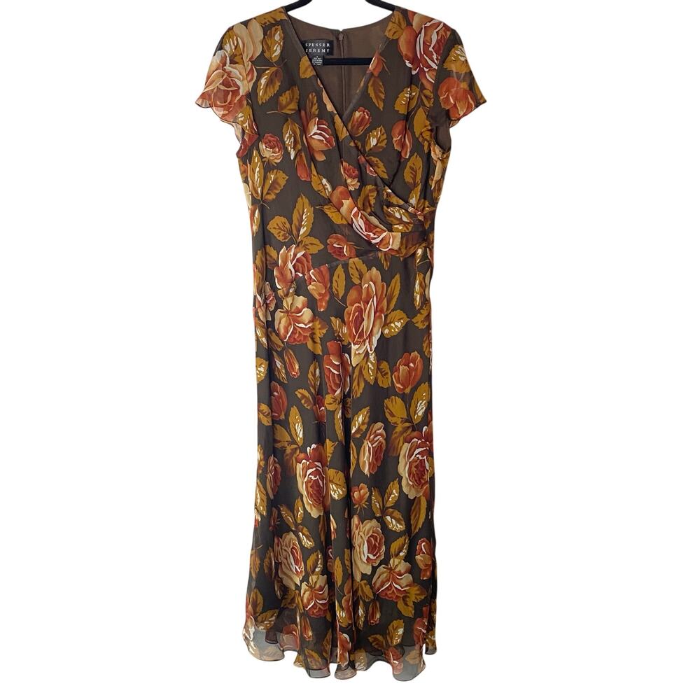 Spenser Jeremy Brown Floral Surplice Neck 100% Silk Maxi Dress Size 8
